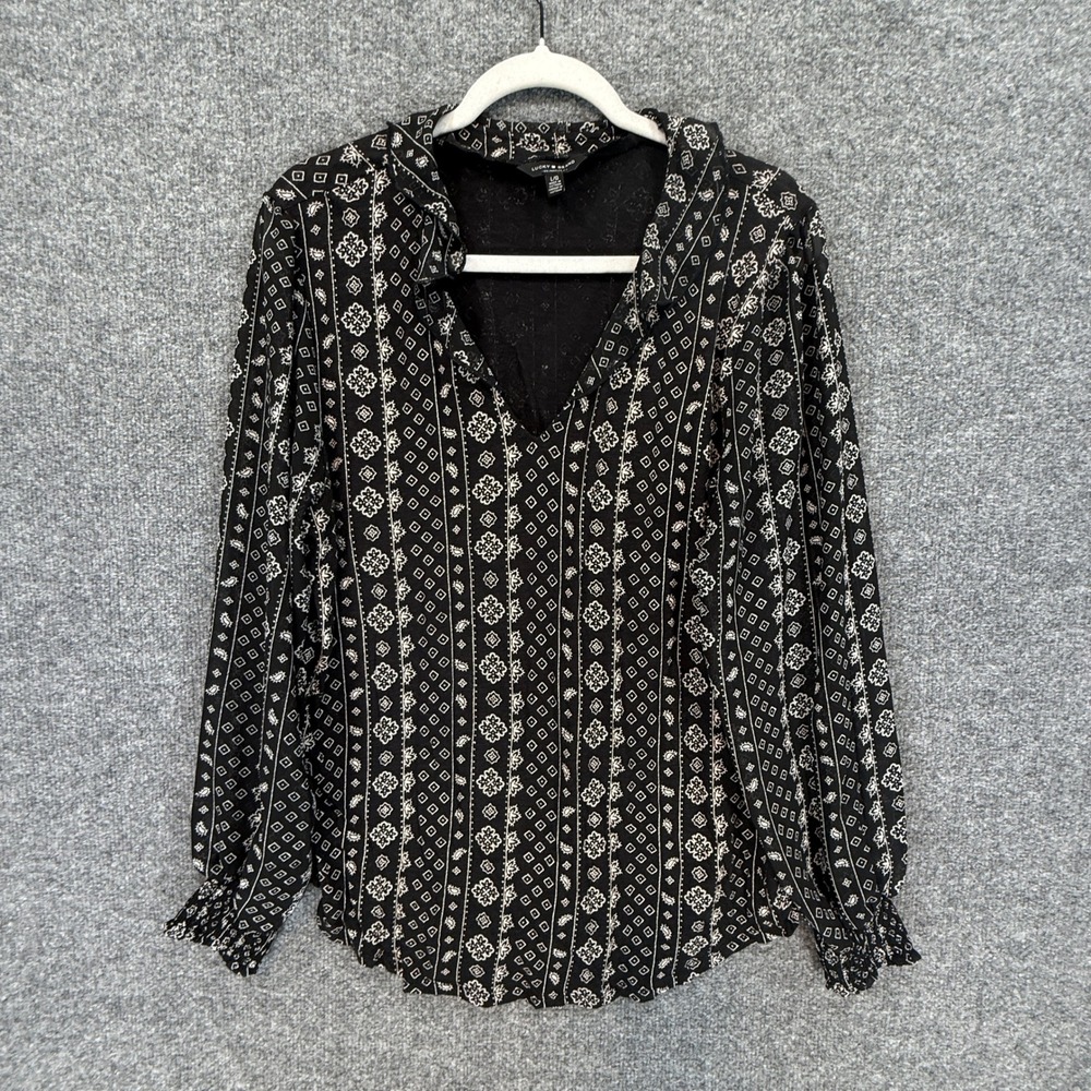 Lucky Brand Blouse Womens Large Black Paisley Balloon Sleeve Peasant Top Boho